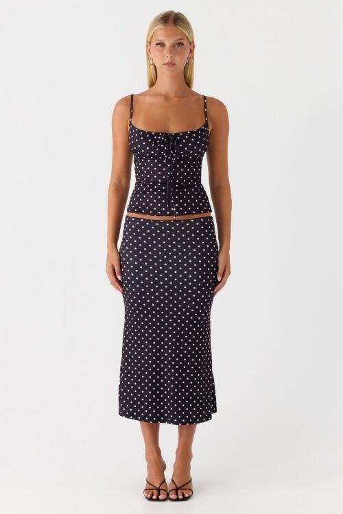 Bahama Low Rise Midi Skirt - Black Polkadot