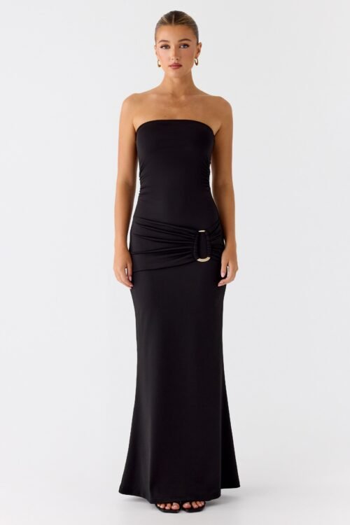 Metal Heart Strapless Maxi Dress - Black